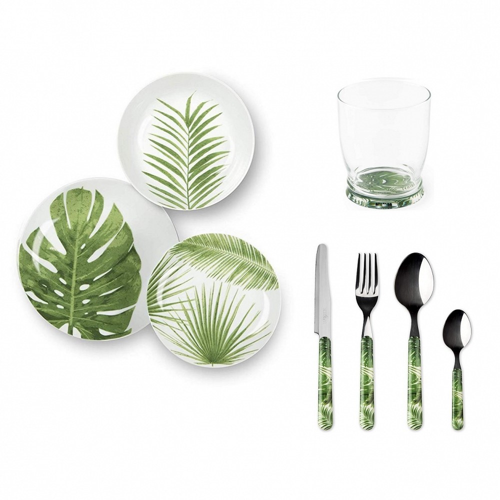 Excelsa Servizio piatti tavola Foliage 48 pezzi con posate e bicchieri Excelsa