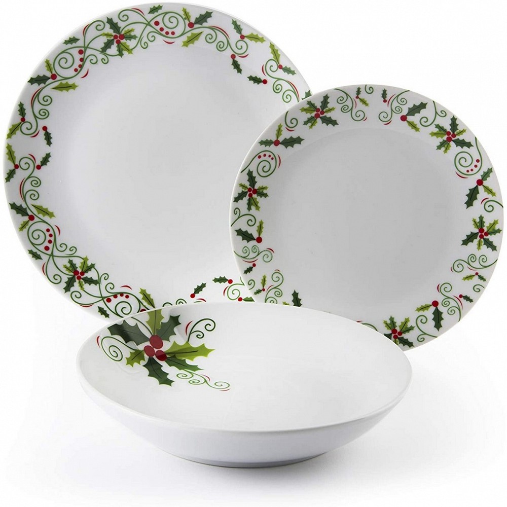 Servizio piatti porcellana decorata Christmas Holly 18 pezzi Excelsa