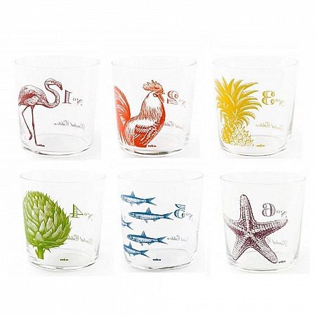 Bicchiere acqua vetro decorato fantasia FLORA ET FAUNA set 6 pezzi Excelsa